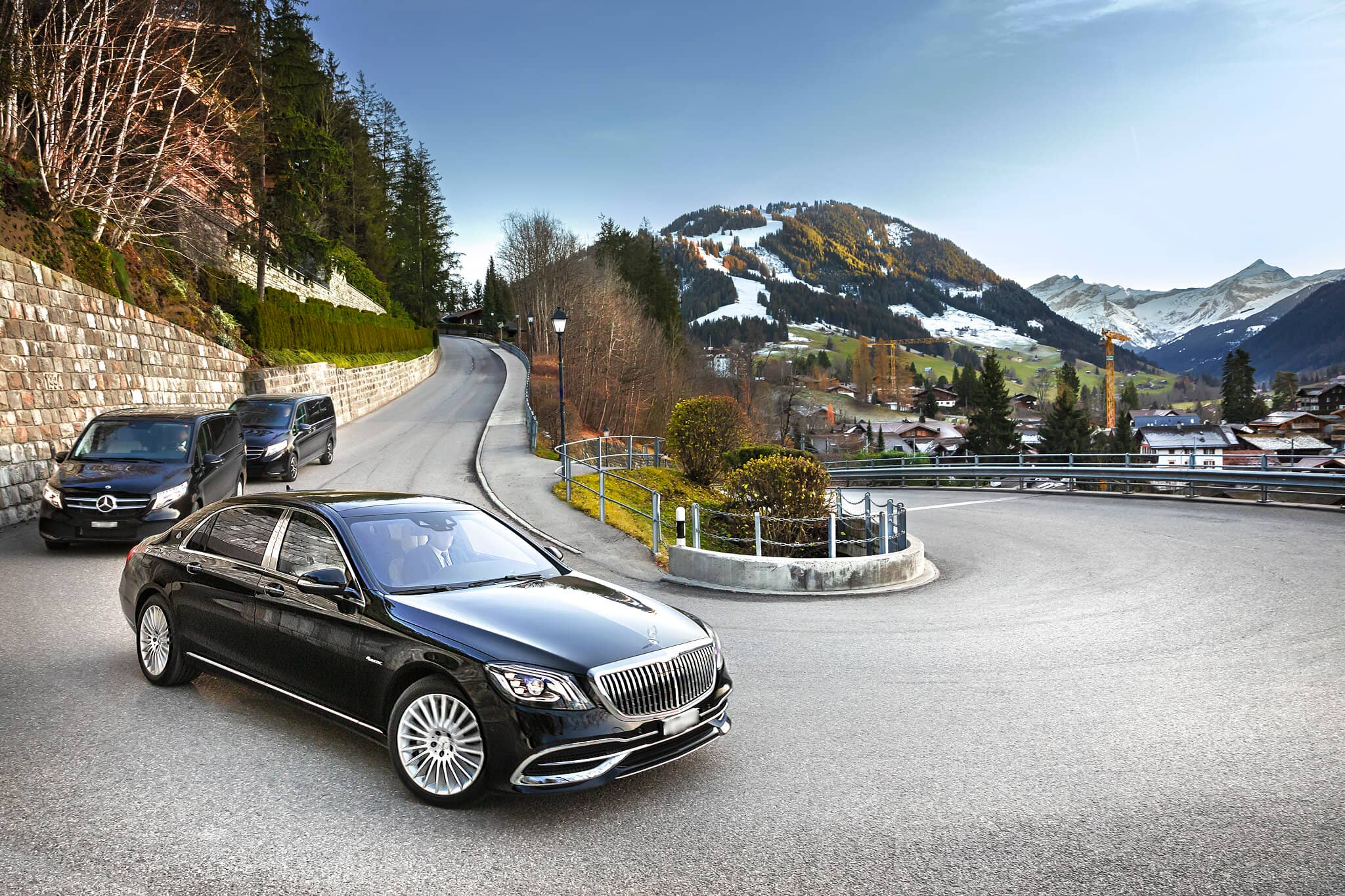 Black Mercedes V-Class and S-Class with chauffeur on the roads of Courchevel